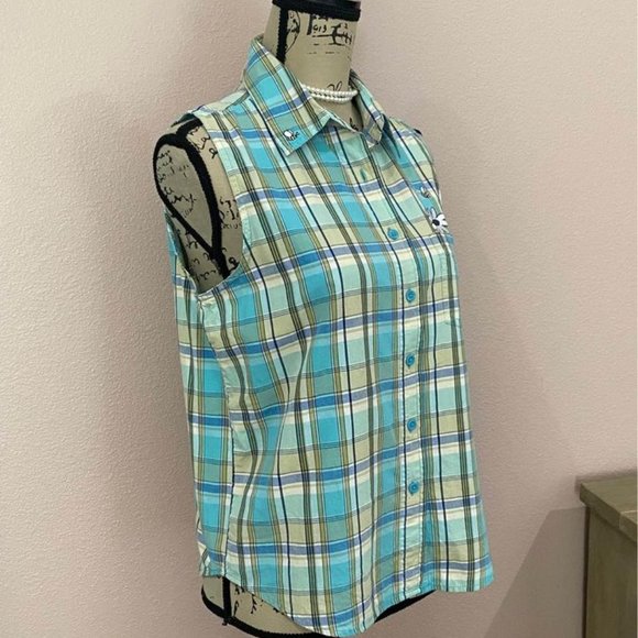 Looney Tunes Vintage Tweety Green/Blue Plaid Sleeveless Button Down Top … - Picture 5 of 9